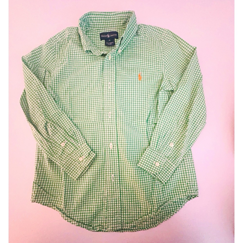 Ralph Lauren Boys Size 6 Green/White Gingham Long Sleeve Collared Button-Up